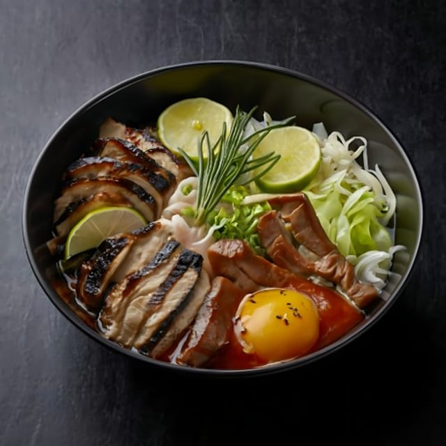 P13. Chicken, Flank Steak Noodle Soup (GA, N).